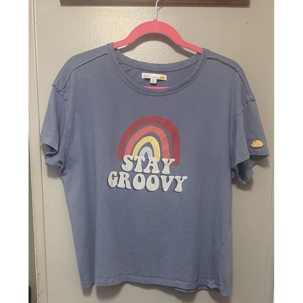 C&C California Blue Stay Groovy Raw Seam Cropped T-Shirt, Women's Size Xl